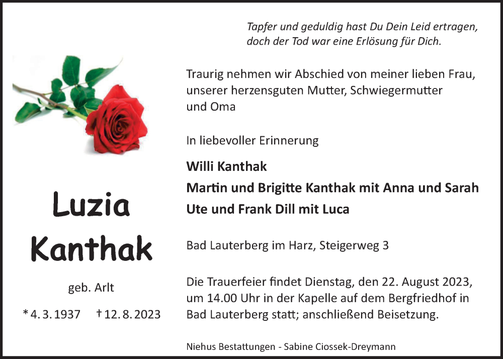  Traueranzeige für Luzia Kanthak vom 19.08.2023 aus Harz Kurier