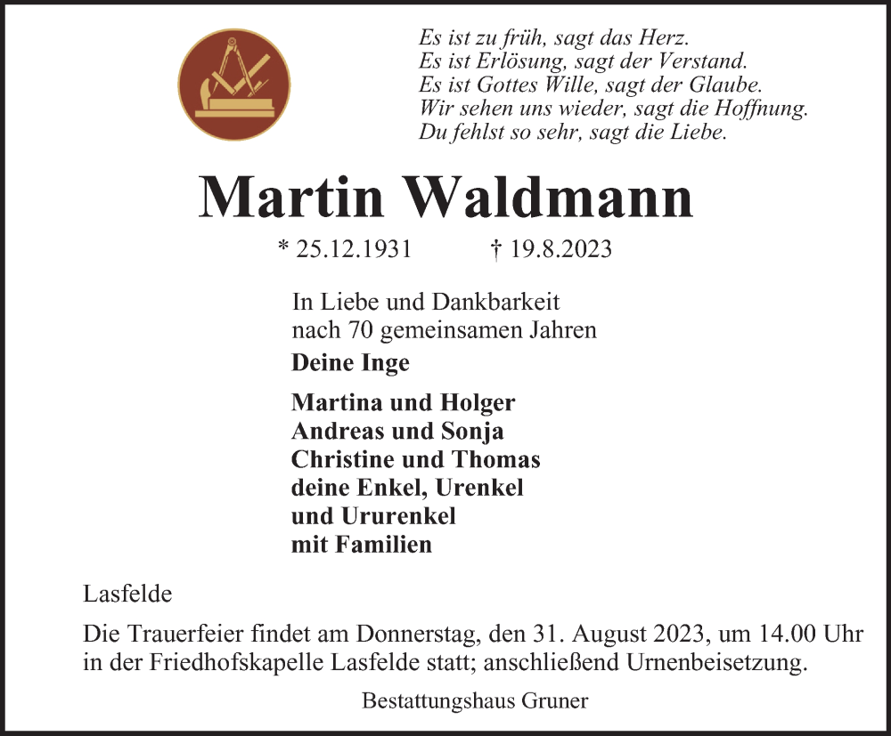  Traueranzeige für Martin Waldmann vom 26.08.2023 aus Harz Kurier