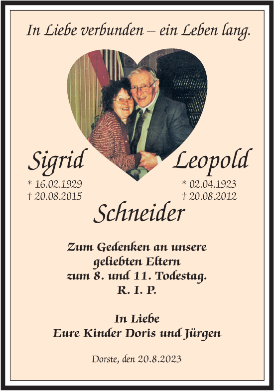 Traueranzeige von Sigrid und Leopold Schneider von Harz Kurier