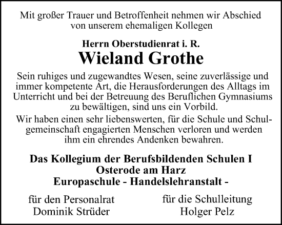 Traueranzeige von Wieland Grothe von Harz Kurier