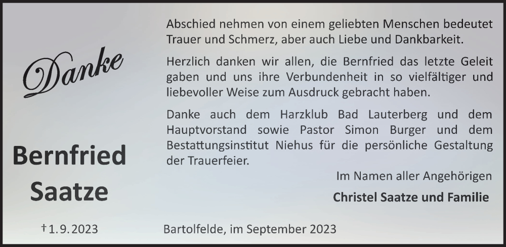  Traueranzeige für Bernfried Saatze vom 23.09.2023 aus Harz Kurier