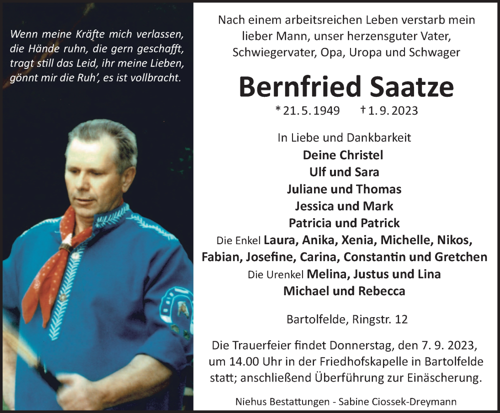  Traueranzeige für Bernfried Saatze vom 05.09.2023 aus Harz Kurier