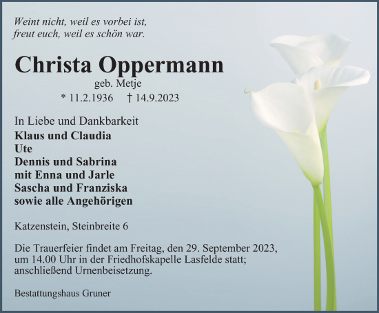 Traueranzeige von Christa Oppermann von Harz Kurier
