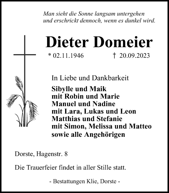 Traueranzeige von Dieter Domeier von Harz Kurier