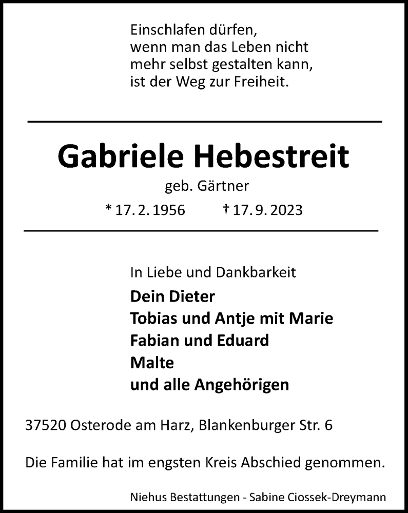  Traueranzeige für Gabriele Hebestreit vom 23.09.2023 aus Harz Kurier