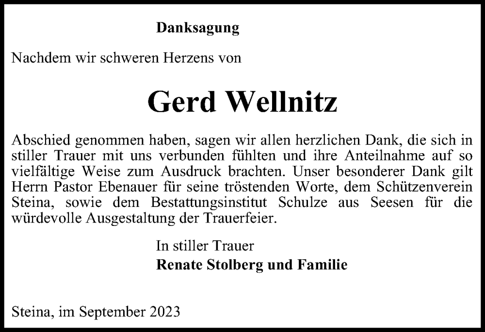  Traueranzeige für Gerd Wellnitz vom 23.09.2023 aus Harz Kurier