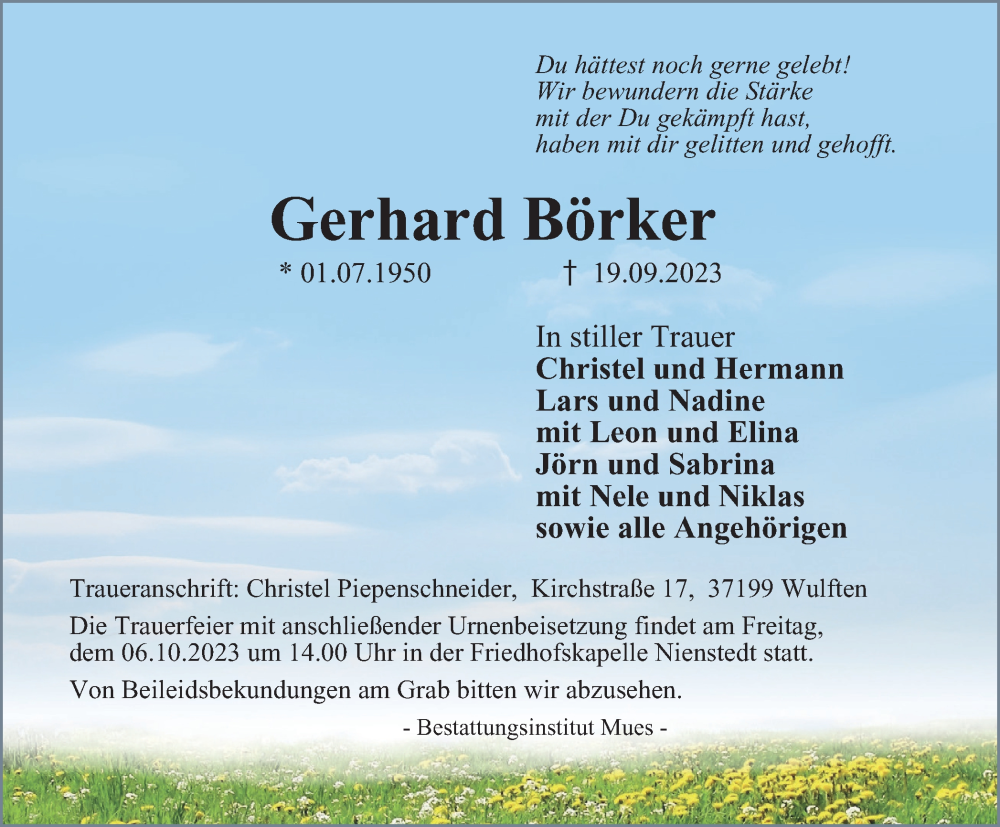 Traueranzeige für Gerhard Börker vom 23.09.2023 aus Harz Kurier