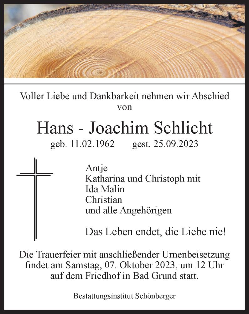  Traueranzeige für Hans-Joachim  Schlicht vom 30.09.2023 aus Harz Kurier