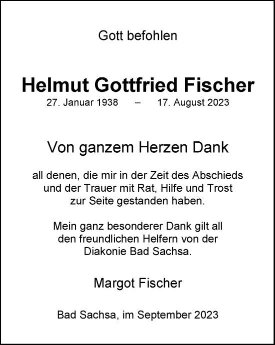 Traueranzeige von Helmut Gottfried Fischer von Harz Kurier