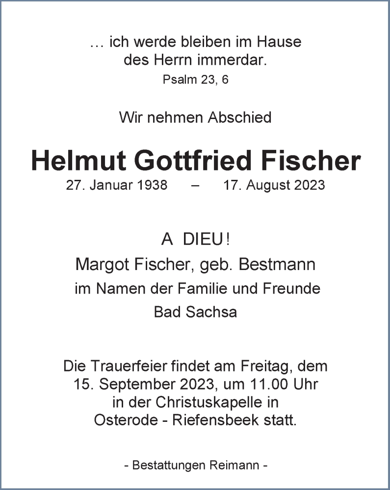  Traueranzeige für Helmut Gottfried Fischer vom 02.09.2023 aus Harz Kurier