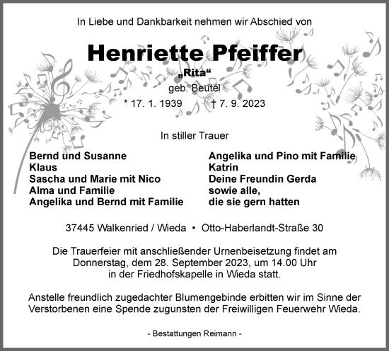 Traueranzeige von Henriette Pfeiffer von Harz Kurier