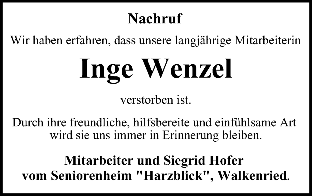 Traueranzeige für Inge Wenzel vom 02.09.2023 aus Harz Kurier