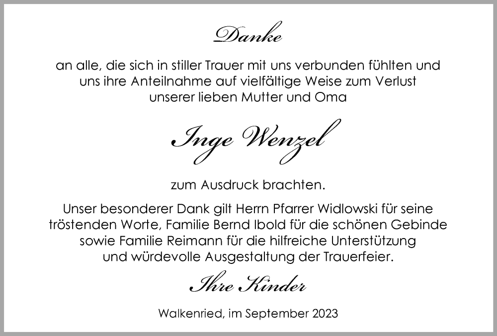  Traueranzeige für Inge Wenzel vom 16.09.2023 aus Harz Kurier