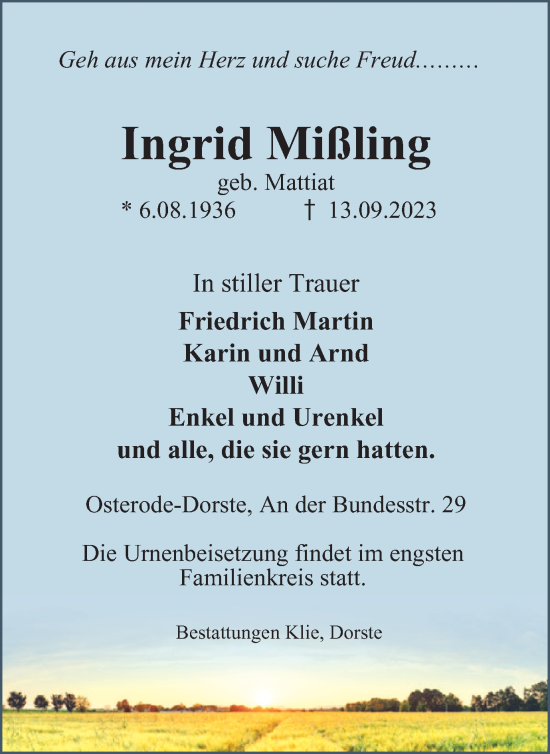 Traueranzeige von Ingrid Mißling von Harz Kurier