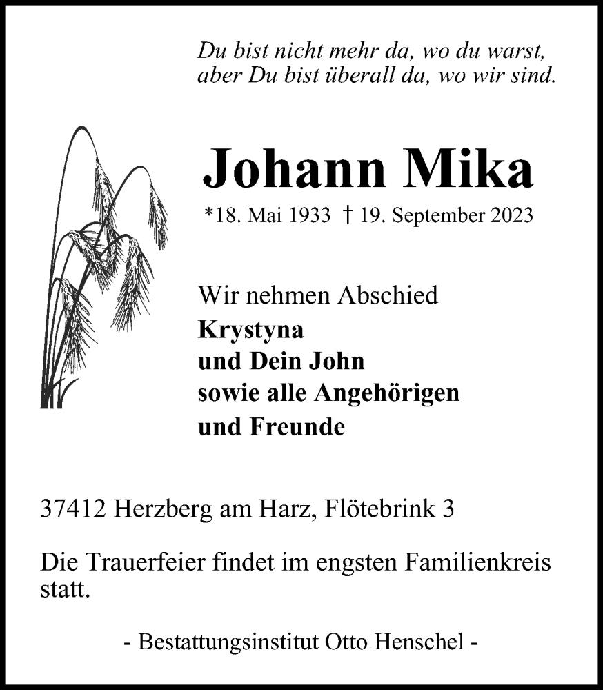  Traueranzeige für Johann Mika vom 23.09.2023 aus Harz Kurier