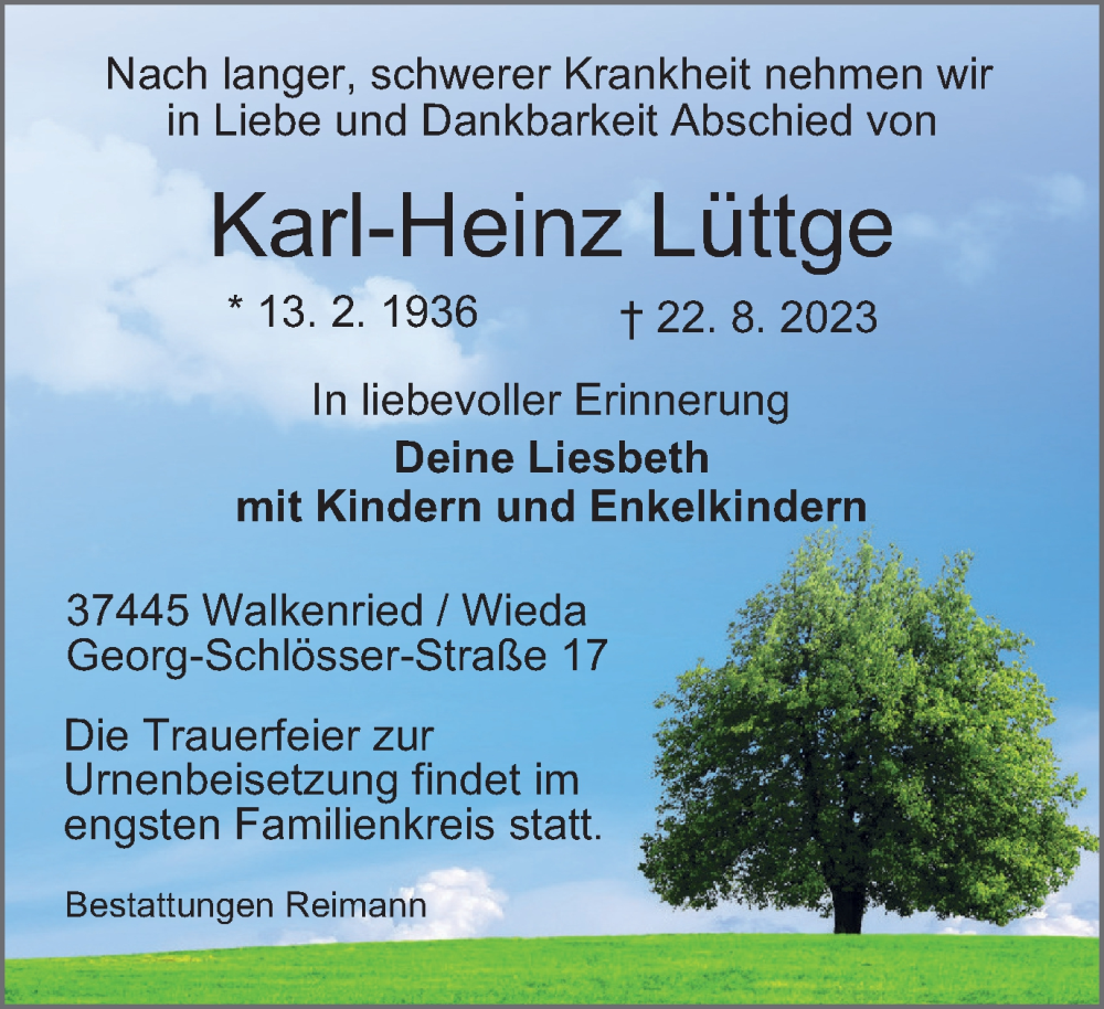  Traueranzeige für Karl-Heinz Lüttge vom 02.09.2023 aus Harz Kurier