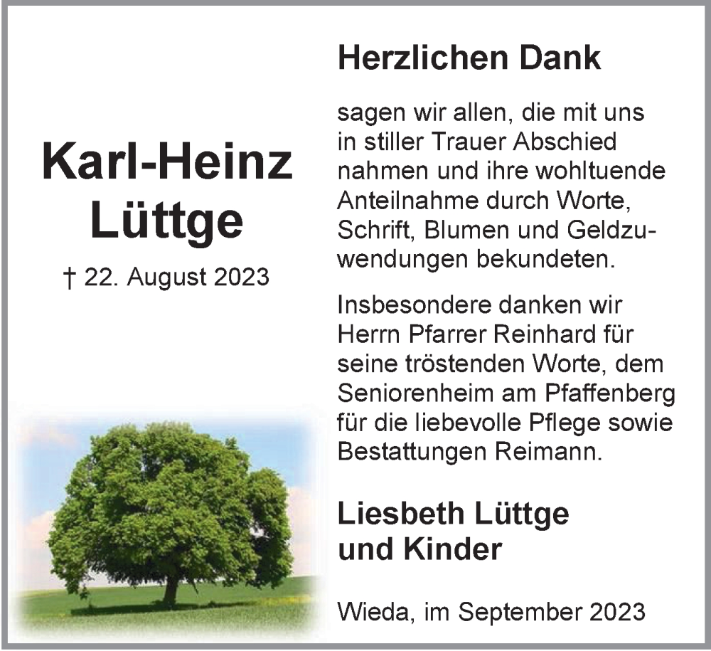  Traueranzeige für Karl-Heinz Lüttge vom 23.09.2023 aus Harz Kurier