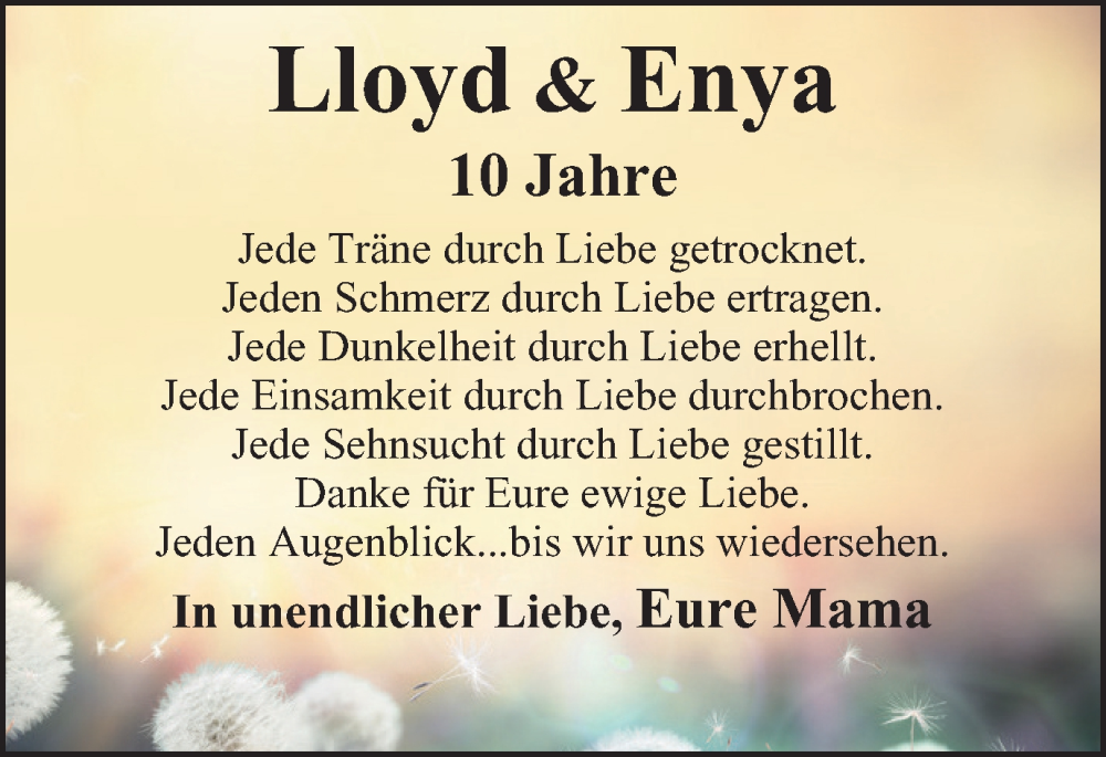  Traueranzeige für Lloyd und Enya  vom 16.09.2023 aus Harz Kurier