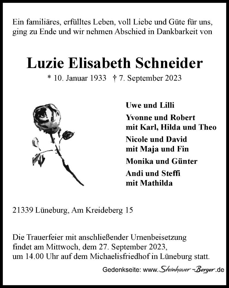  Traueranzeige für Luzie Elisabeth Schneider vom 23.09.2023 aus Harz Kurier