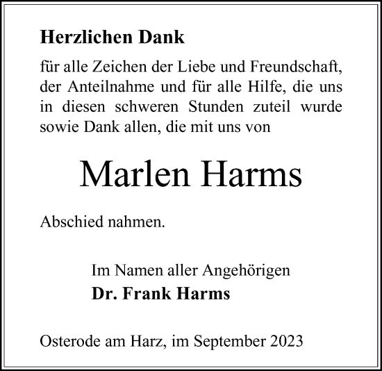 Traueranzeige von Marlen Harms von Harz Kurier