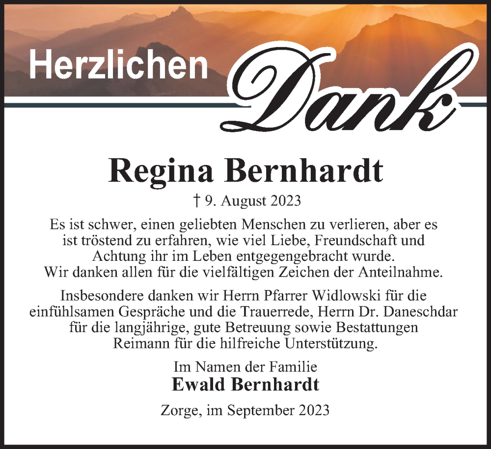  Traueranzeige für Regina Bernhardt vom 23.09.2023 aus Harz Kurier