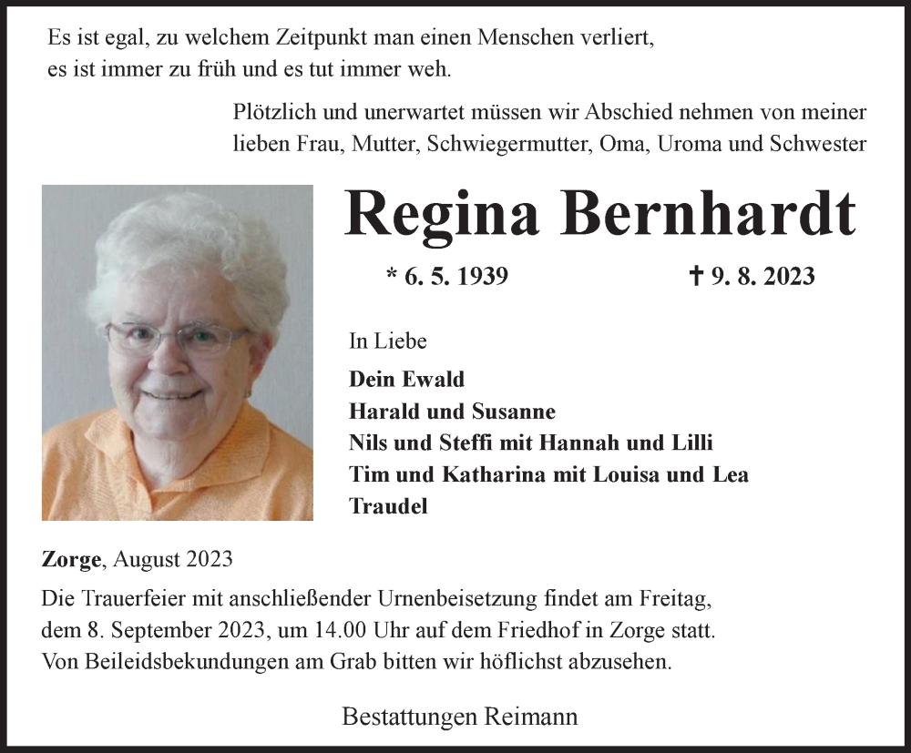 Traueranzeige für Regina Bernhardt vom 02.09.2023 aus Harz Kurier