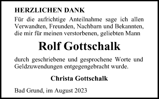 Traueranzeige von Rolf Gottschalk von Harz Kurier