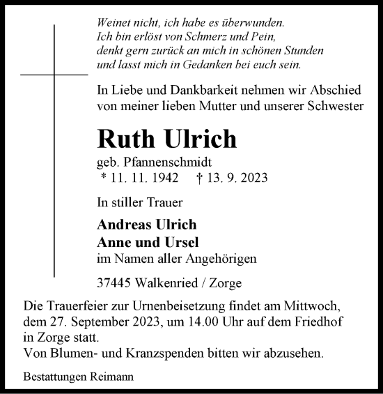 Traueranzeige von Ruth Ulrich von Harz Kurier