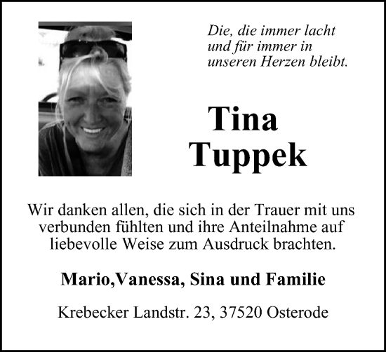 Traueranzeige von Tina Tuppek von Harz Kurier