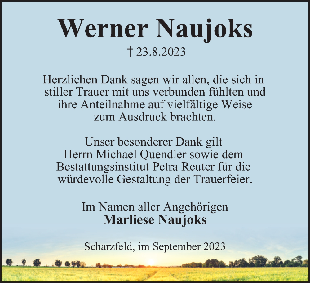  Traueranzeige für Werner Naujoks vom 23.09.2023 aus Harz Kurier