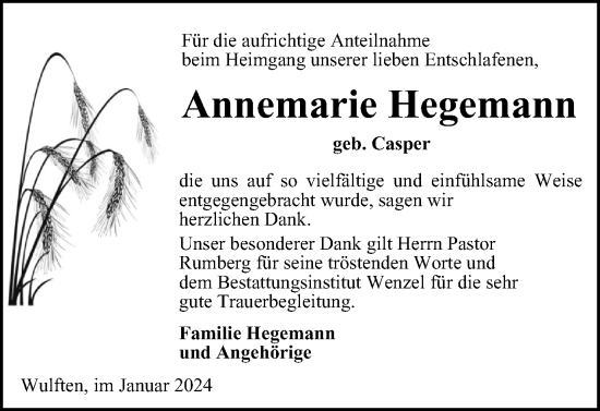Traueranzeige von Annemarie Hegemann von Harz Kurier