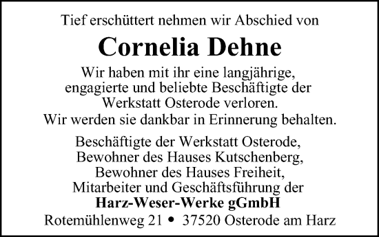 Traueranzeige von Cornelia Dehne von Harz Kurier