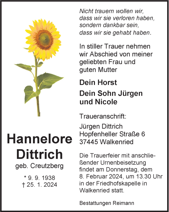 Traueranzeige von Hannelore Dittrich von Harz Kurier