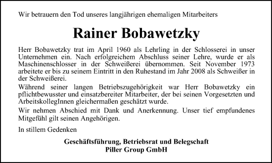 Traueranzeige von Rainer Bobawetzky von Harz Kurier