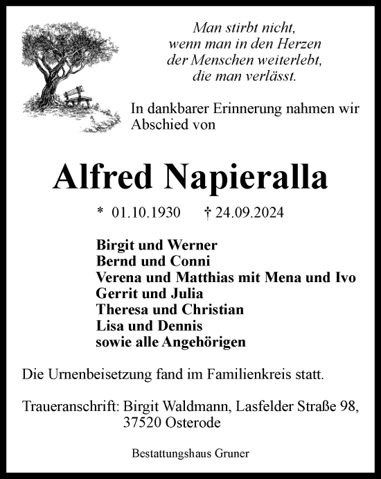 Traueranzeige von Alfred Napieralla von Harz Kurier