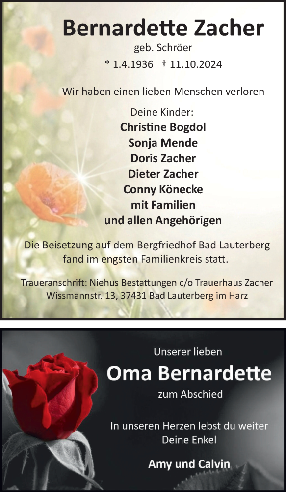  Traueranzeige für Bernardette Zacher vom 19.10.2024 aus Harz Kurier
