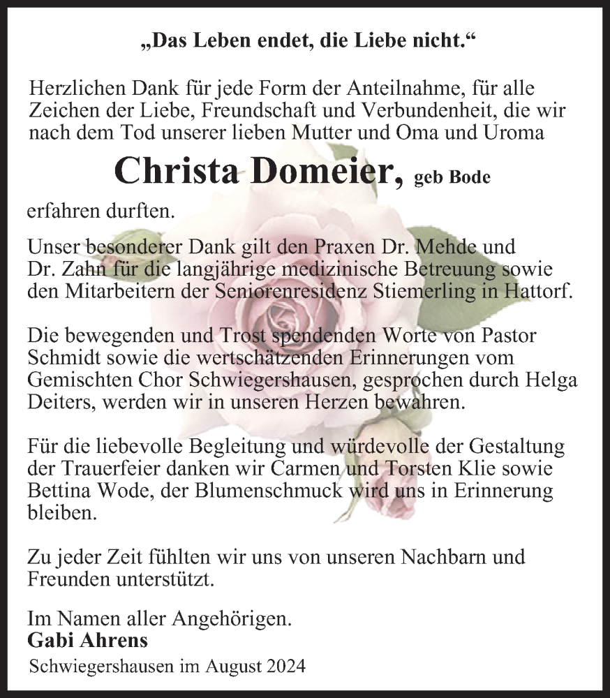  Traueranzeige für Christa Domeier vom 19.10.2024 aus Harz Kurier