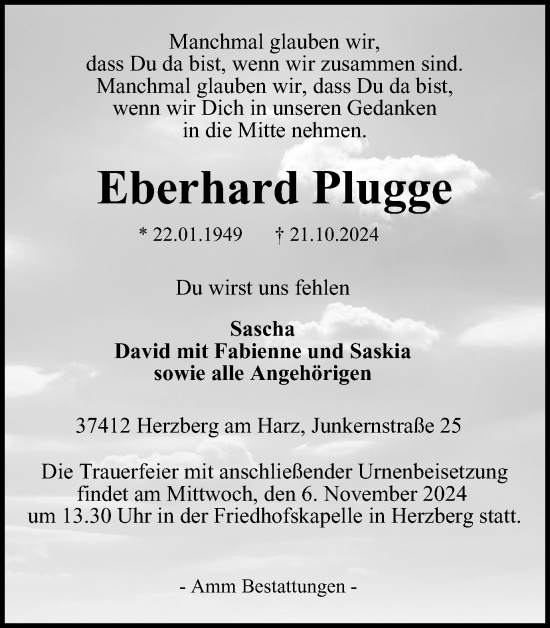 Traueranzeige von Eberhard Plugge von Harz Kurier