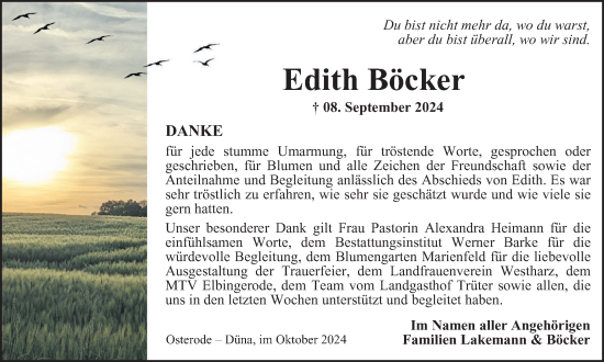 Traueranzeige von Edith Böcker von Harz Kurier