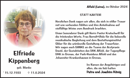 Traueranzeige von Elfriede Kippenberg von Harz Kurier