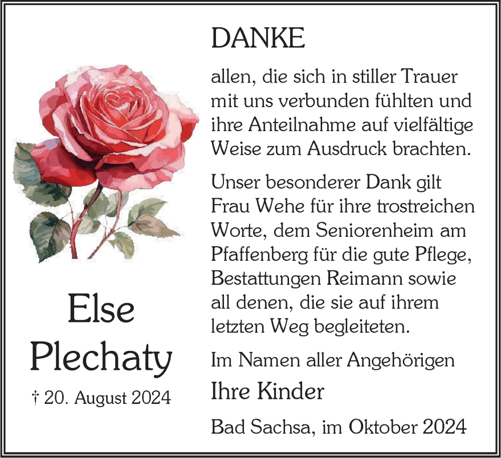  Traueranzeige für Else Plechaty vom 05.10.2024 aus Harz Kurier