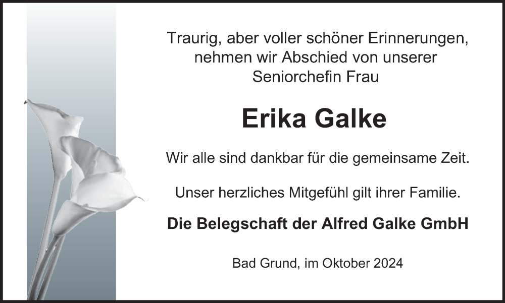  Traueranzeige für Erika Galke vom 12.10.2024 aus Harz Kurier
