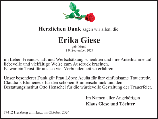 Traueranzeige von Erika Giese von Harz Kurier