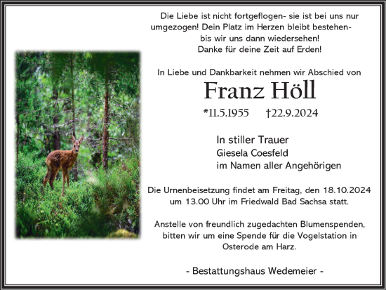 Traueranzeige von Franz Höll von Harz Kurier