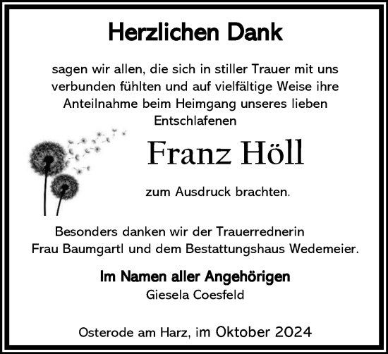 Traueranzeige von Franz Höll von Harz Kurier