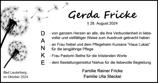 Traueranzeige von Gerda Fricke von Harz Kurier