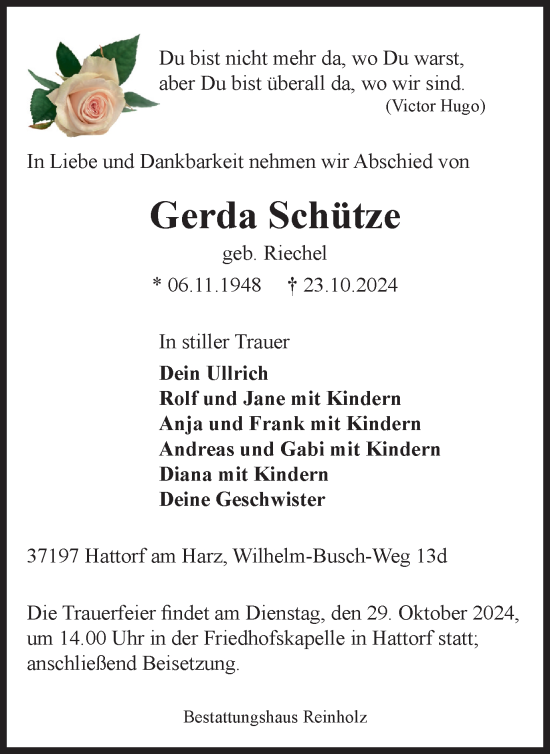 Traueranzeige von Gerda Schütze von Harz Kurier