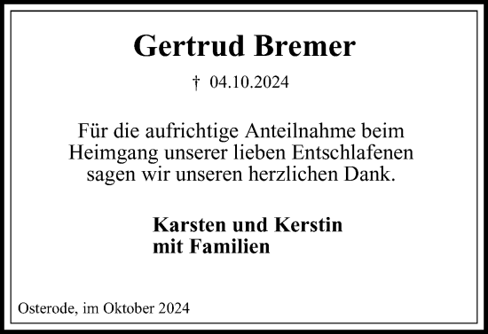 Traueranzeige von Gertrud Bremer von Harz Kurier