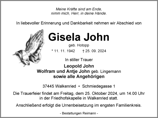 Traueranzeige von Gisela John von Harz Kurier