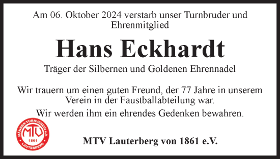 Traueranzeige von Hans Eckhardt von Harz Kurier